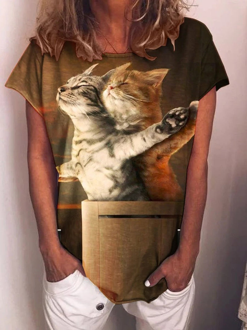 Casual Printed Titanic Cat Short Sleeve T-Shirt