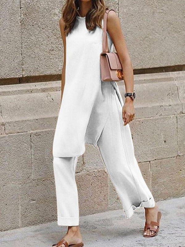 Casual Round Neck Sleeveless Wide-leg Two-piece Suit