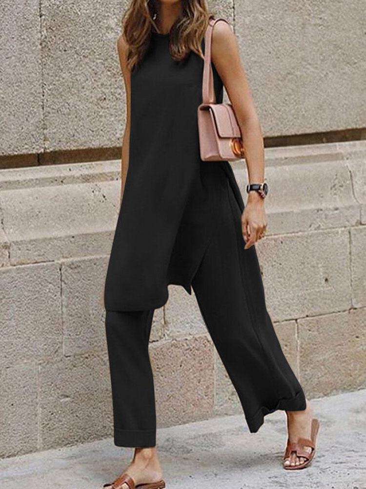Casual Round Neck Sleeveless Wide-leg Two-piece Suit