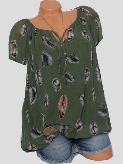 Casual V-neck Feather Print Short-sleeved Shirt