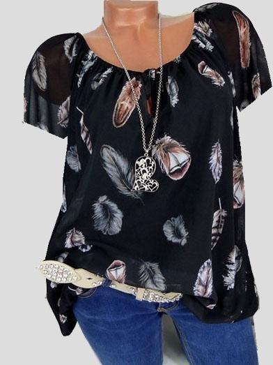 Casual V-neck Feather Print Short-sleeved Shirt
