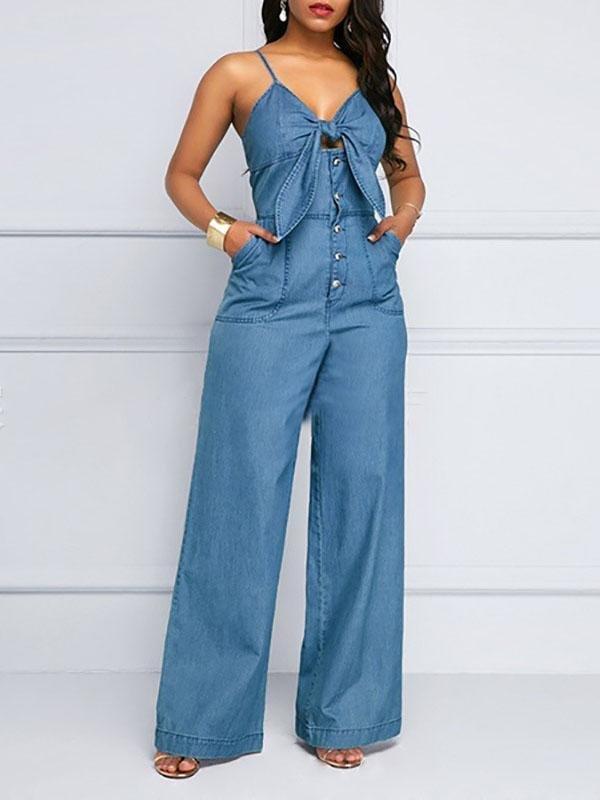 Casual V-neck Knotted Wide-leg Denim Jumpsuit