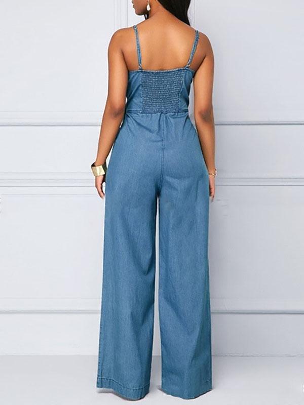 Casual V-neck Knotted Wide-leg Denim Jumpsuit