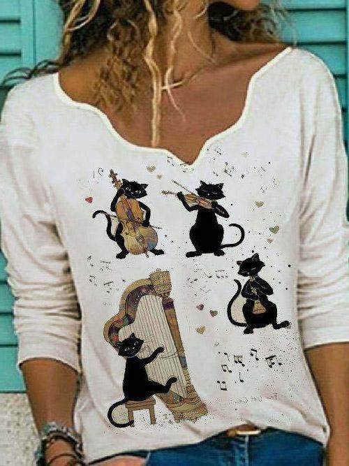 Cat Musical Instrument Print Long Sleeve Casual T-shirt