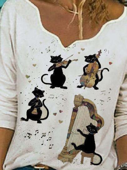 Cat Musical Instrument Print Long Sleeve Casual T-shirt