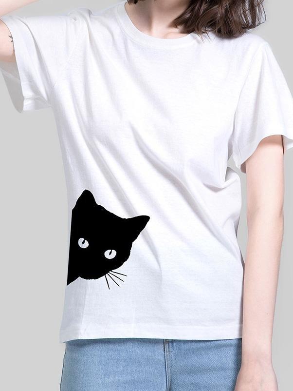 Cat Print Round Neck Slim Short Sleeve T-Shirt
