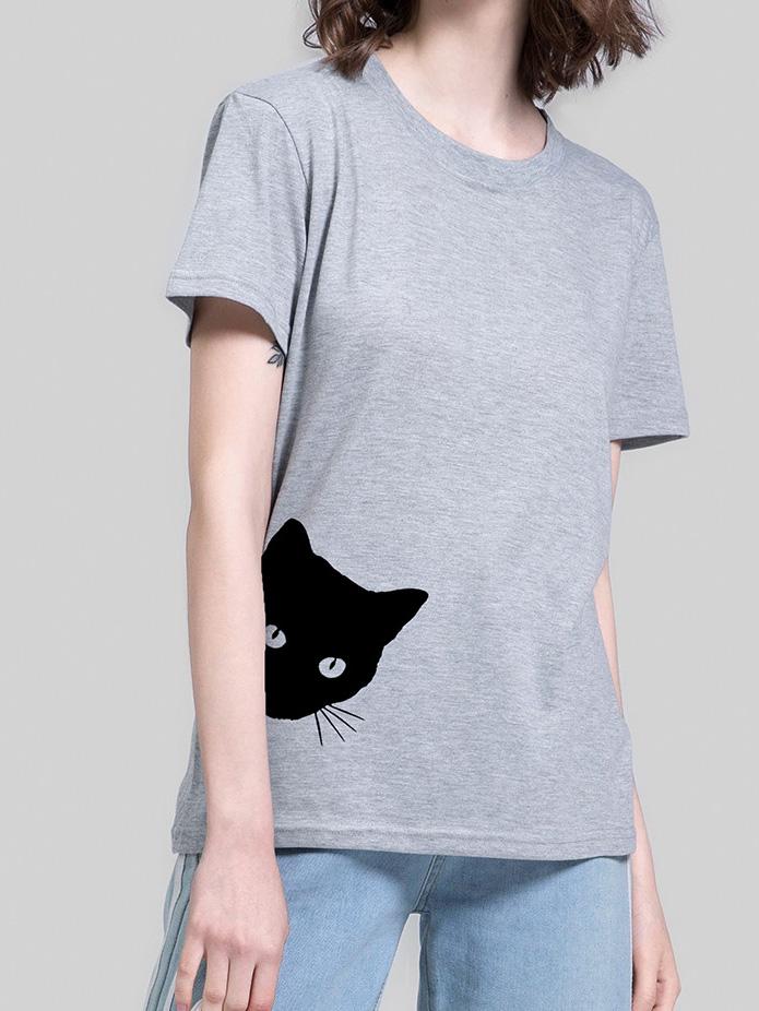 Cat Print Round Neck Slim Short Sleeve T-Shirt