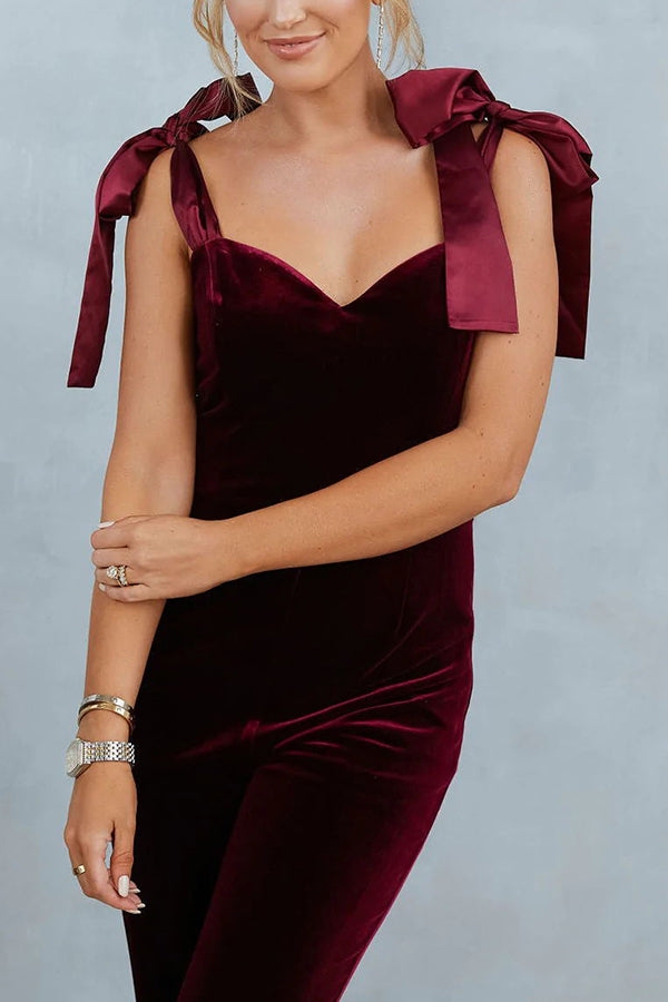 Spoil Me Velvet Sweetheart Neck Shoulder Tie Jumpsuit