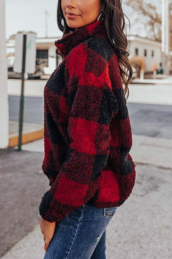 Cozy Holiday Plans Sherpa Plaid Pullover