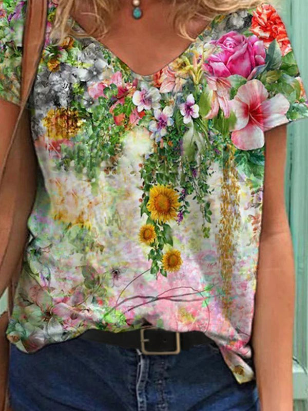 Color Flower Print Short Sleeve V-neck T-shirt