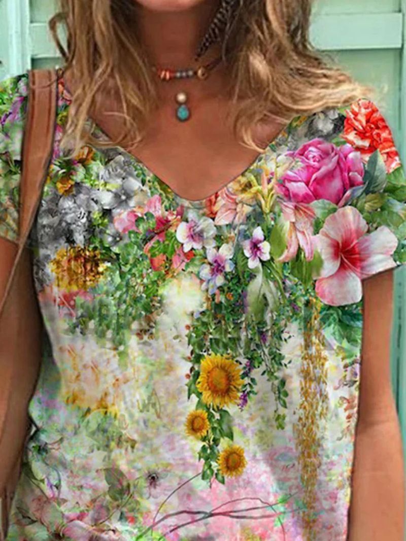 Color Flower Print Short Sleeve V-neck T-shirt