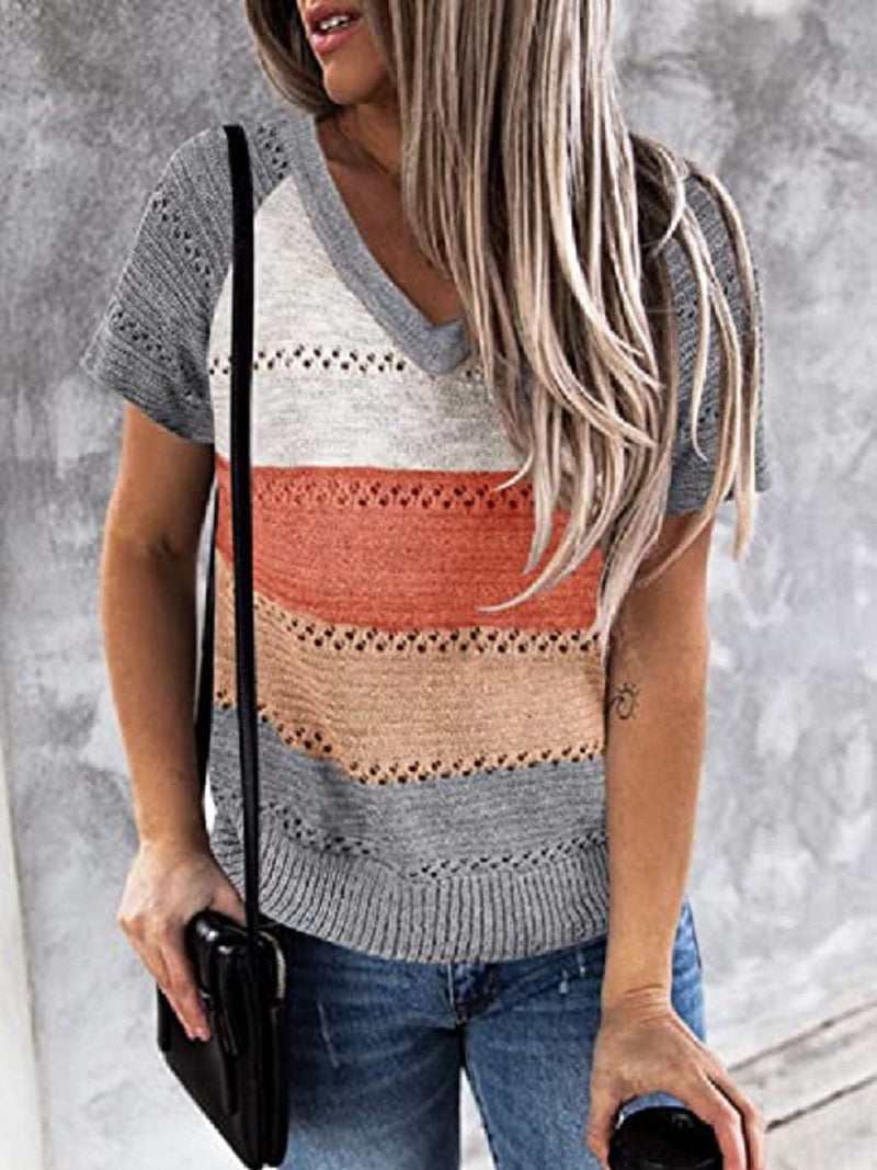 Color-matching Hollow V-neck Knitted T-shirt