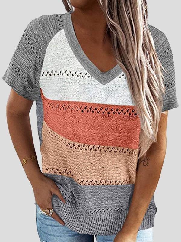 Color-matching Hollow V-neck Knitted T-shirt