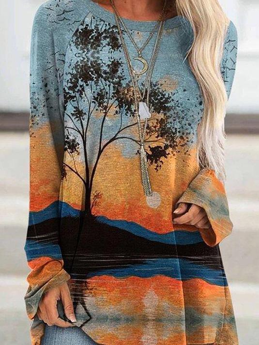 Crew Neck Abstract Graphic Print Long Sleeve Loose T-Shirt