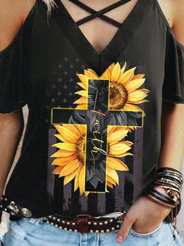 Cross Sunflower Print Off-shoulder T-shirt