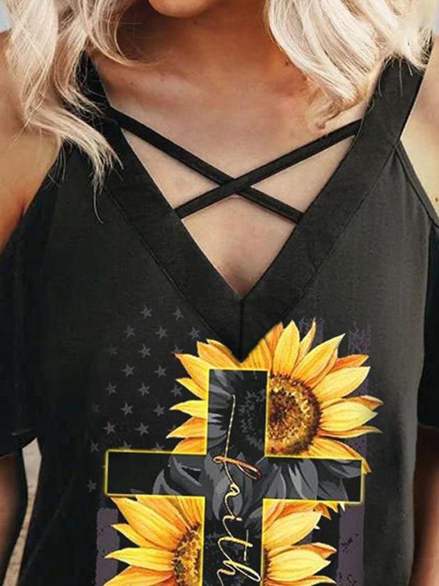 Cross Sunflower Print Off-shoulder T-shirt