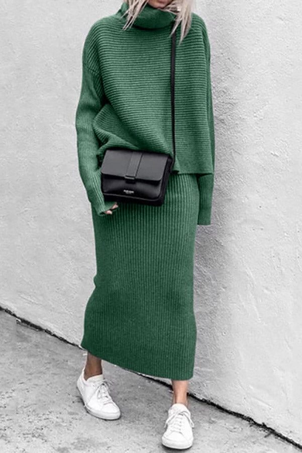 Charley Solid Color High Collar Knit Sweater Two-piece Suit