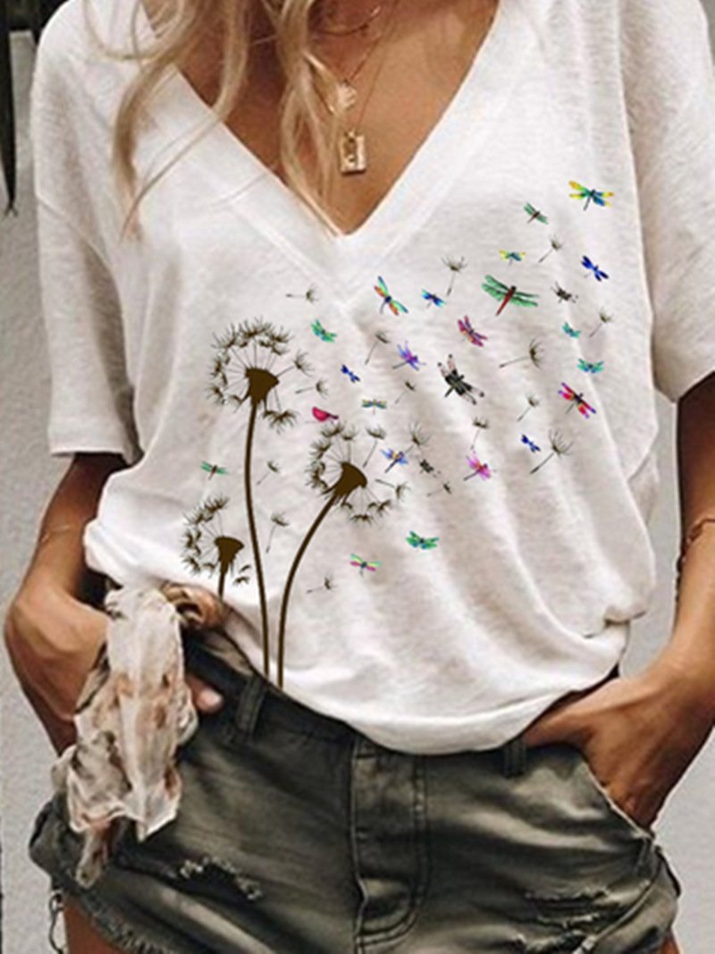 Dandelion Print Loose V-neck Short Sleeve T-shirt