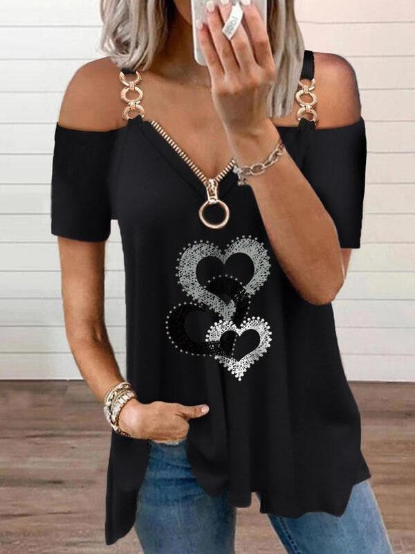 Deep V Metal Sling Zipper Off-shoulder Short Sleeve T-shirt