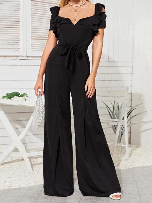 Deep V-Neck Belted Wide-Leg Jumpsuit