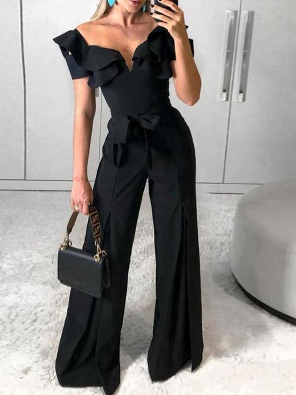 Deep V-Neck Belted Wide-Leg Jumpsuit