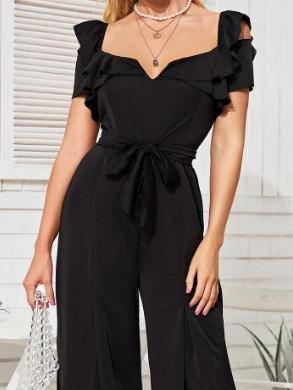 Deep V-Neck Belted Wide-Leg Jumpsuit