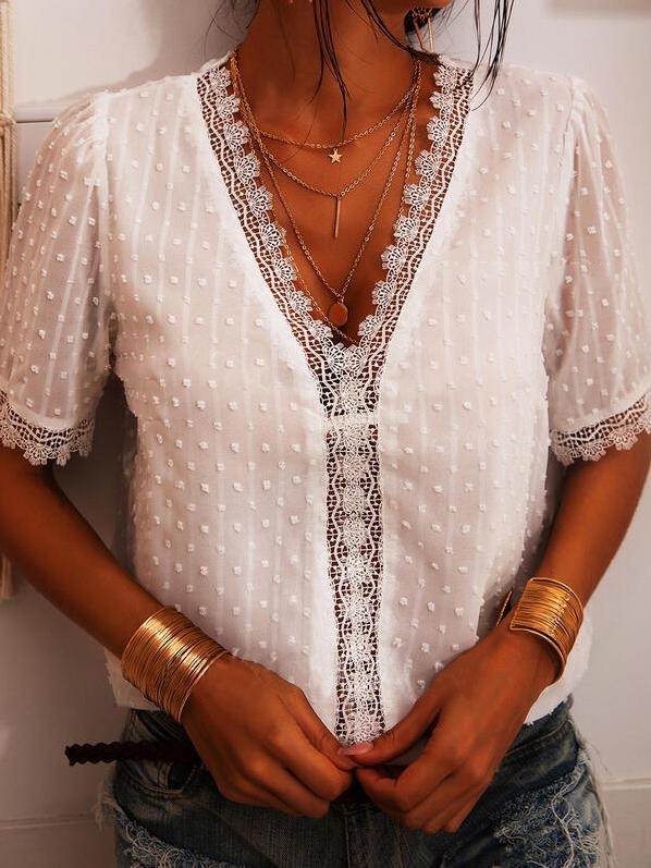 Deep V-neck Embroidered Lace Chiffon Blouse