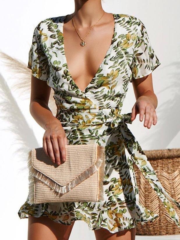 Deep V-Neck Short Sleeve Printed Mini Dress