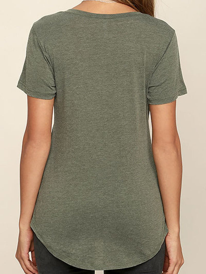 Deep V-Neck Solid Short Sleeve Casual T-Shirt