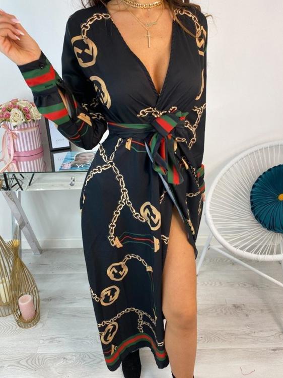Deep V Slit Maxi Dress With Printed Belt