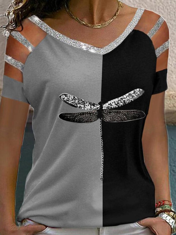 Dragonfly Print Short Sleeve V-Neck T-Shirt