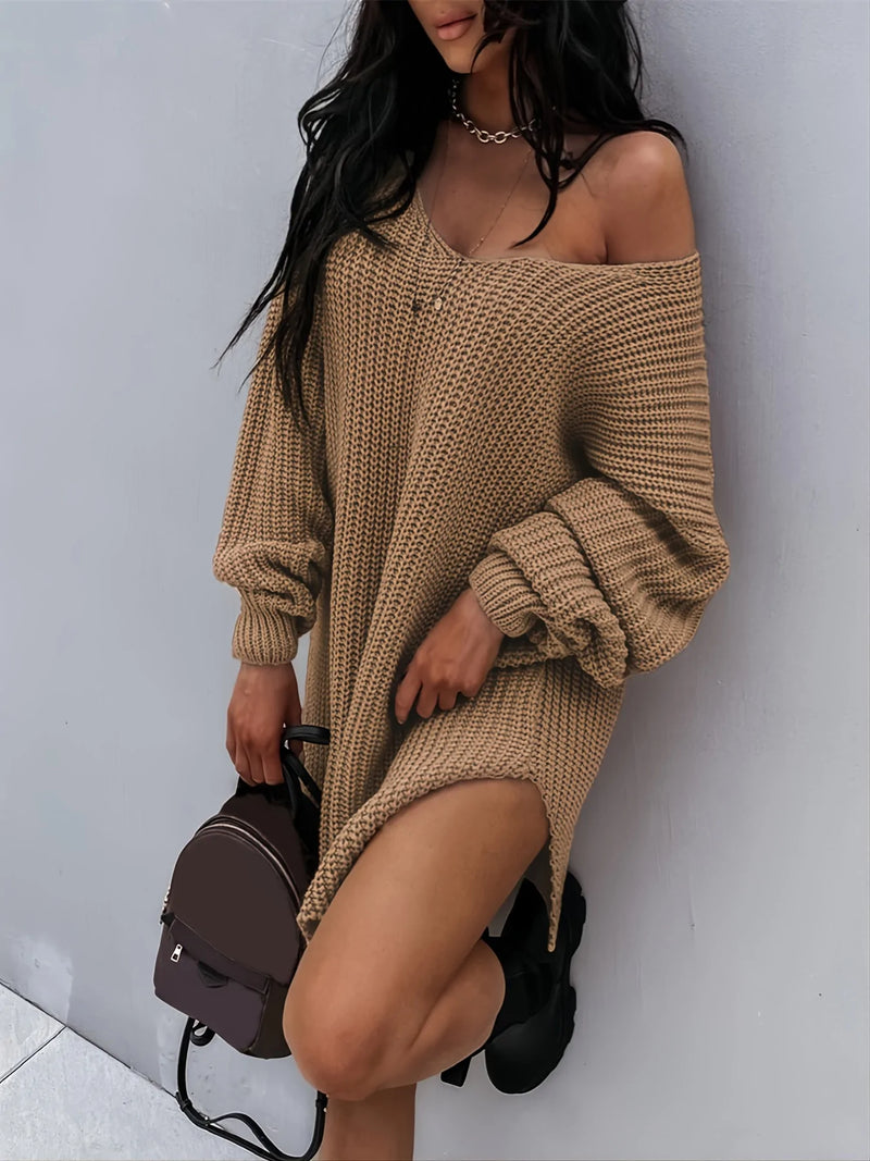 Fashion Lantern Sleeve Knitted V-neck Loose Sweater