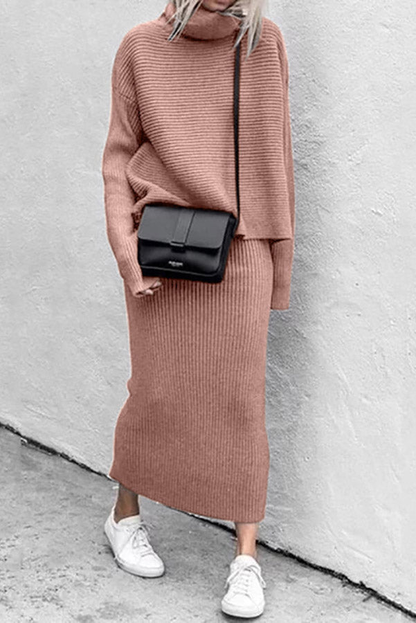 Charley Solid Color High Collar Knit Sweater Two-piece Suit