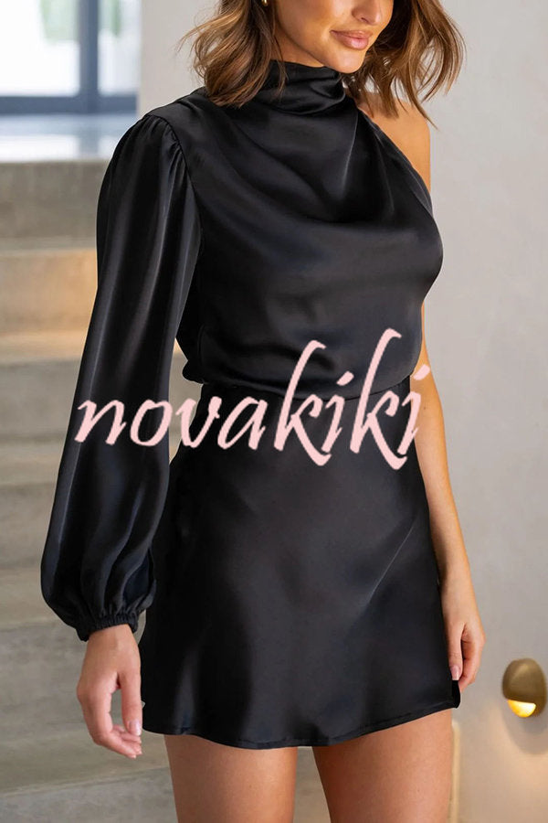 Luxe Doll One Sleeve Elasticated Waist Satin Mini Dress