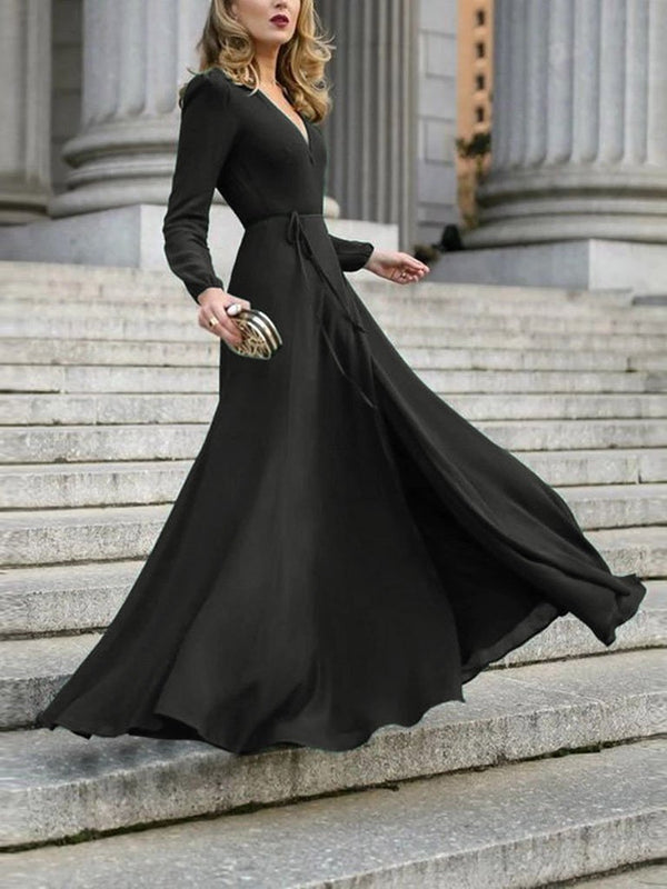 Elegant Solid V-neck Lace-up Dress