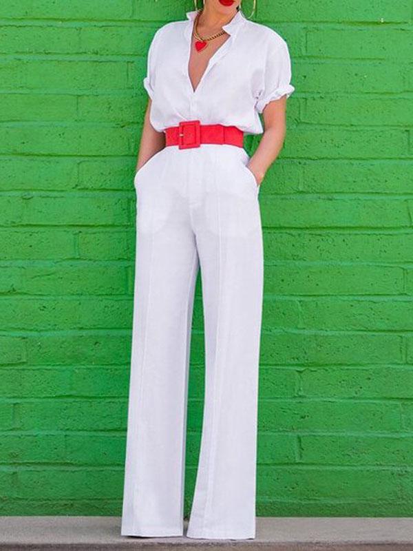 Elegant V-neck Short-sleeved Solid Jumpsuit