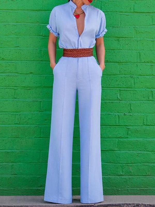 Elegant V-neck Short-sleeved Solid Jumpsuit