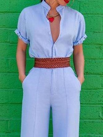 Elegant V-neck Short-sleeved Solid Jumpsuit