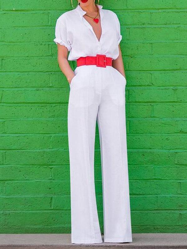 Elegant V-neck Short-sleeved Solid Jumpsuit