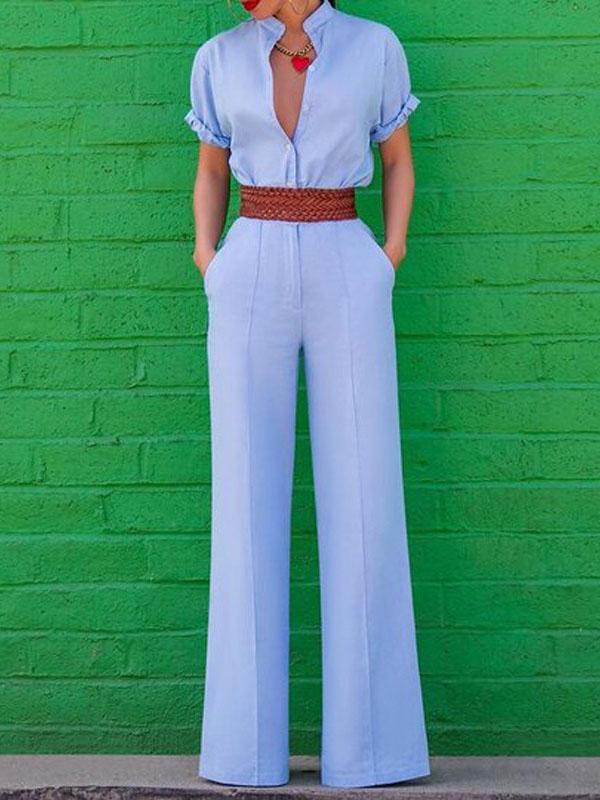 Elegant V-neck Short-sleeved Solid Jumpsuit