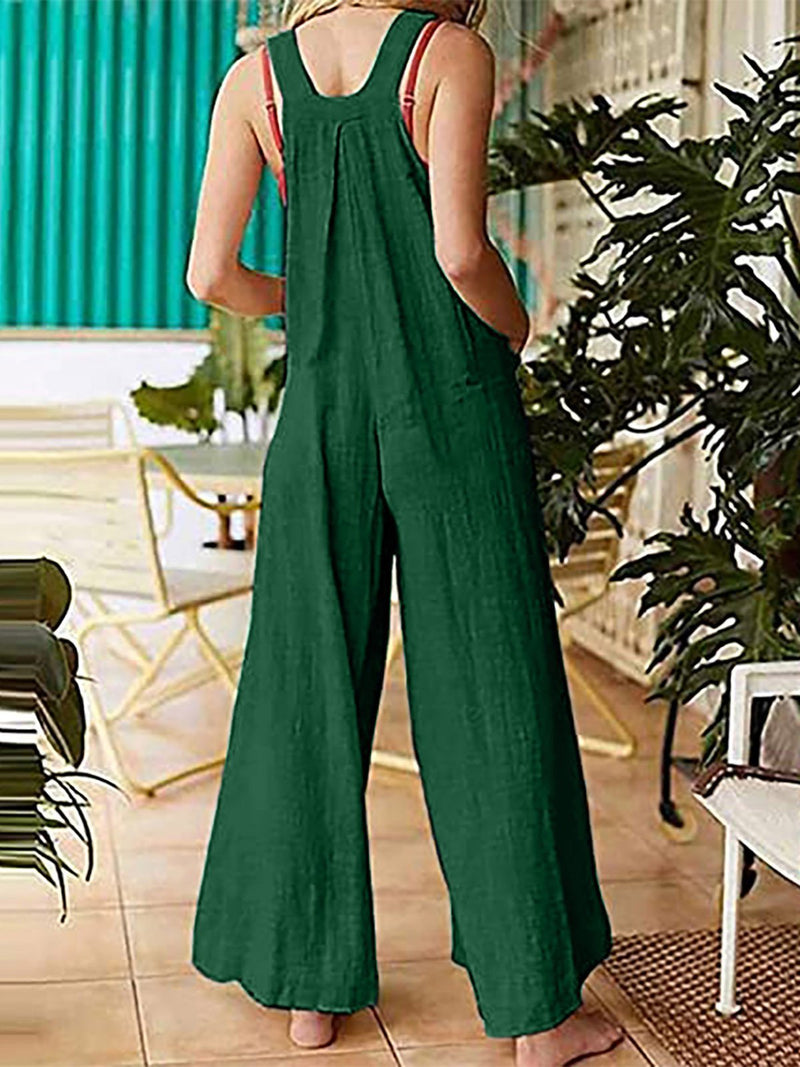 Ethnic Style Solid Button Suspender Jumpsuit