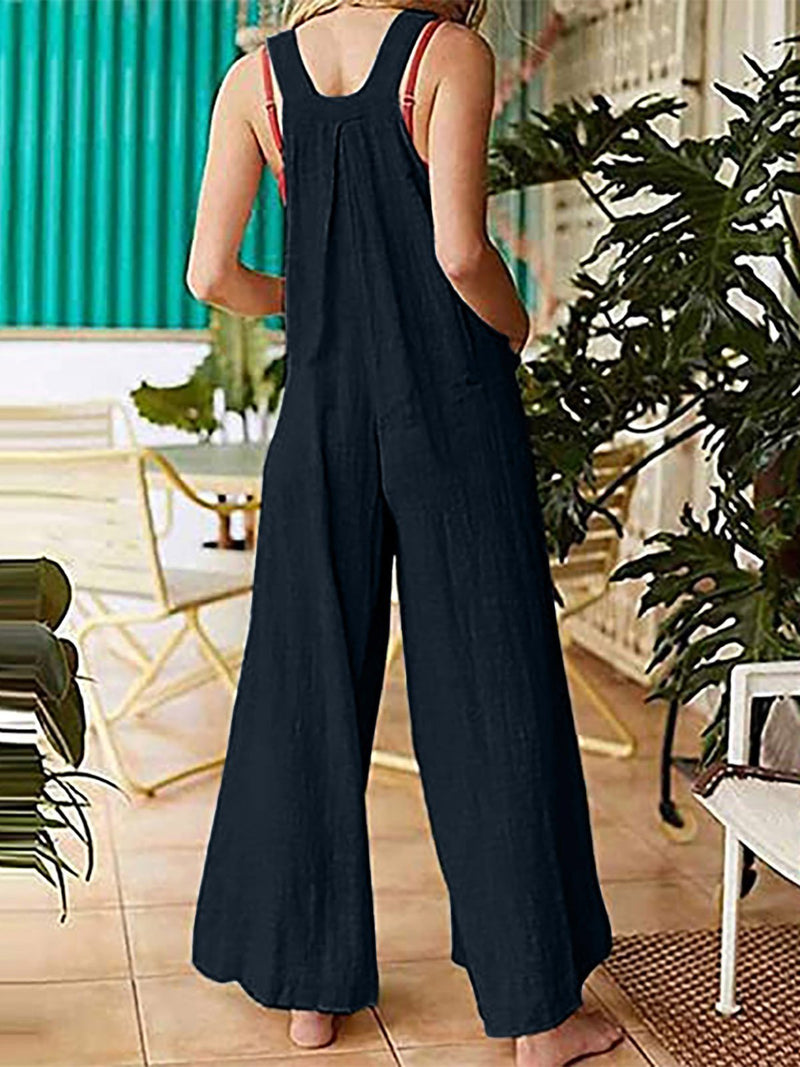 Ethnic Style Solid Button Suspender Jumpsuit