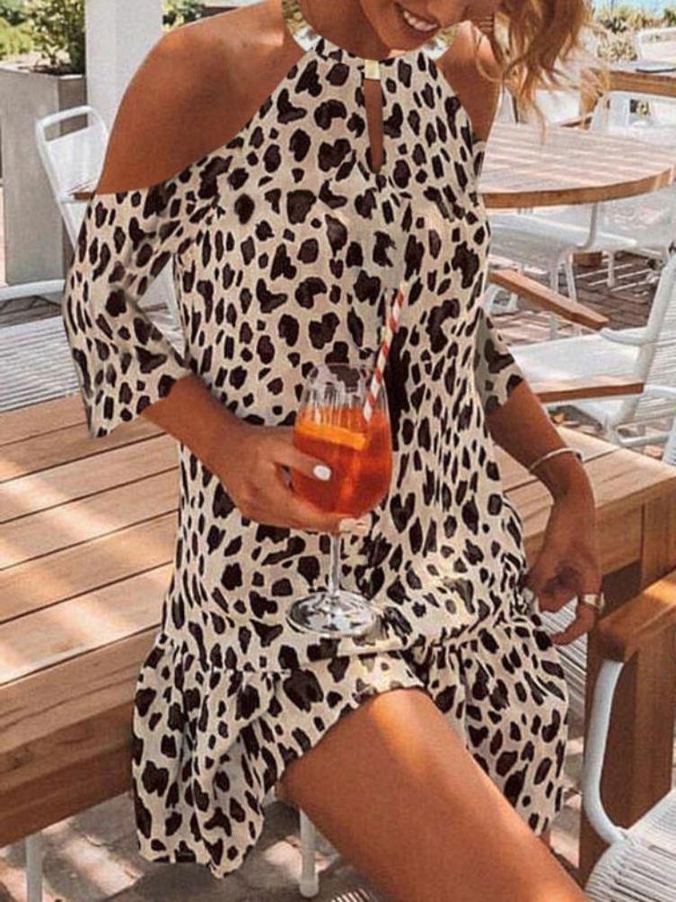 Fashion Middle-sleeve Leopard Print Halterneck Dress