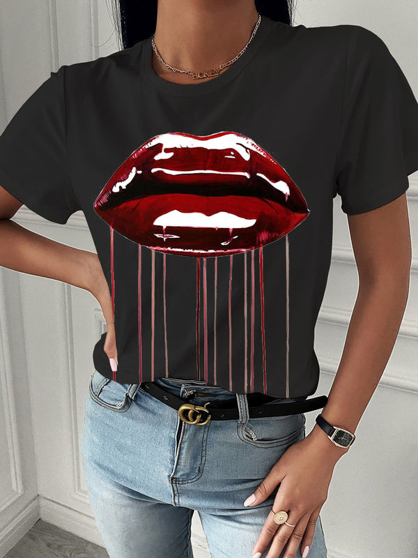 Fashion Red Lip Print Short Sleeve T-shirt