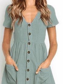 Fashion V-neck Button Pocket Short Sleeve Dress