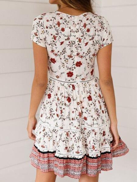 Fashion V-neck Cutout Short Sleeve Bohemian Print Dress