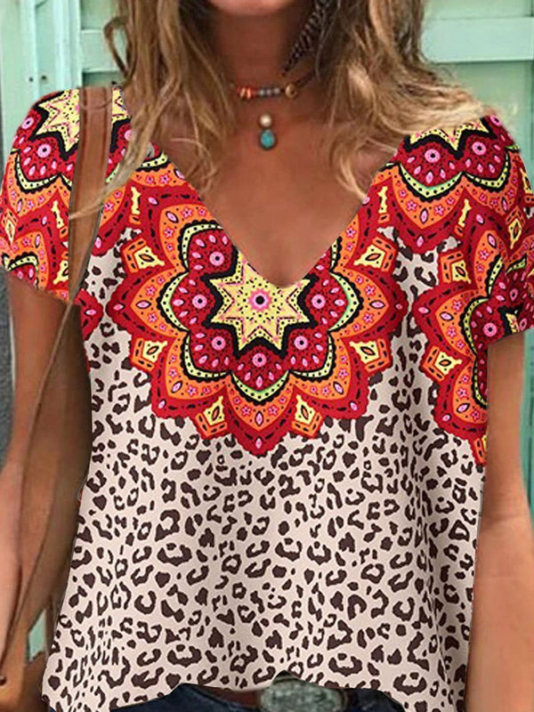 Fashion V-neck Leopard Floral Print Short Sleeve T-shirt