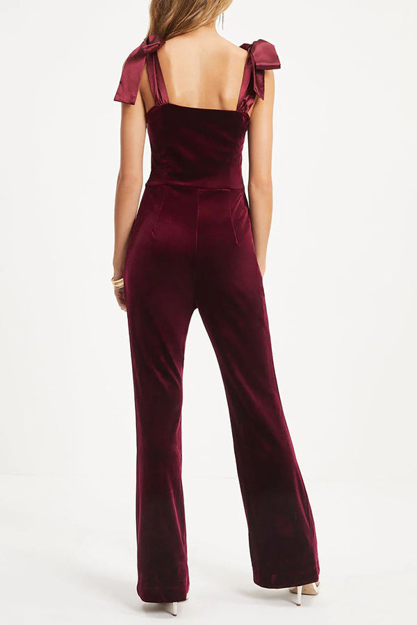 Spoil Me Velvet Sweetheart Neck Shoulder Tie Jumpsuit