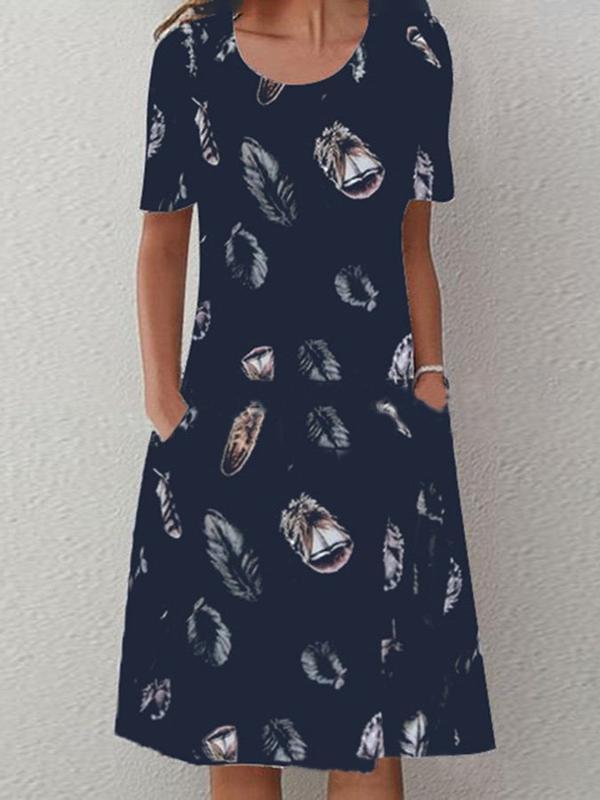 Feather Print Casual Round Neck Short Sleeve Pocket Dress