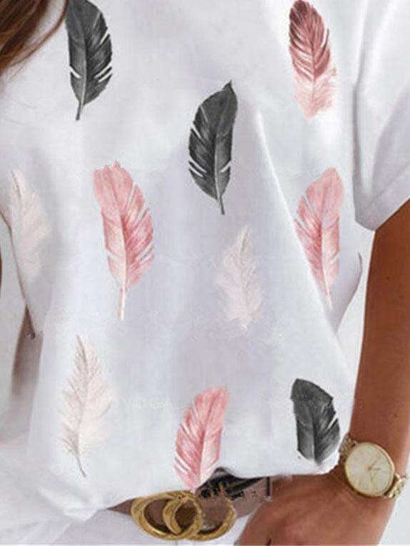 Feather Print Off Shoulder Short Sleeve Casual T-shirts